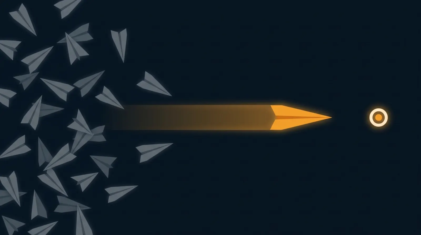 Illustration: one amber paper airplane flying a clean path to a lit target while a flock of grey ones scatters.