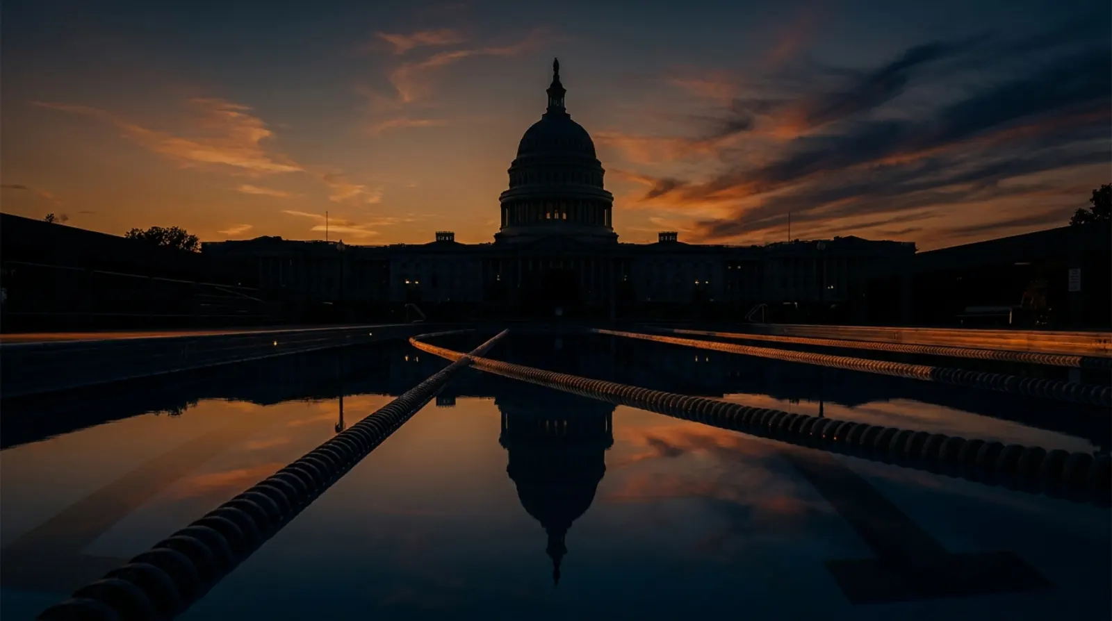 The United States Capitol dome at dusk reflected in the dark water of a swimming pool lane.