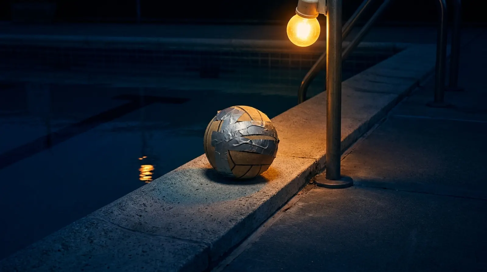 A water polo ball wrapped in duct tape sitting at the edge of a dark pool under a floodlight.