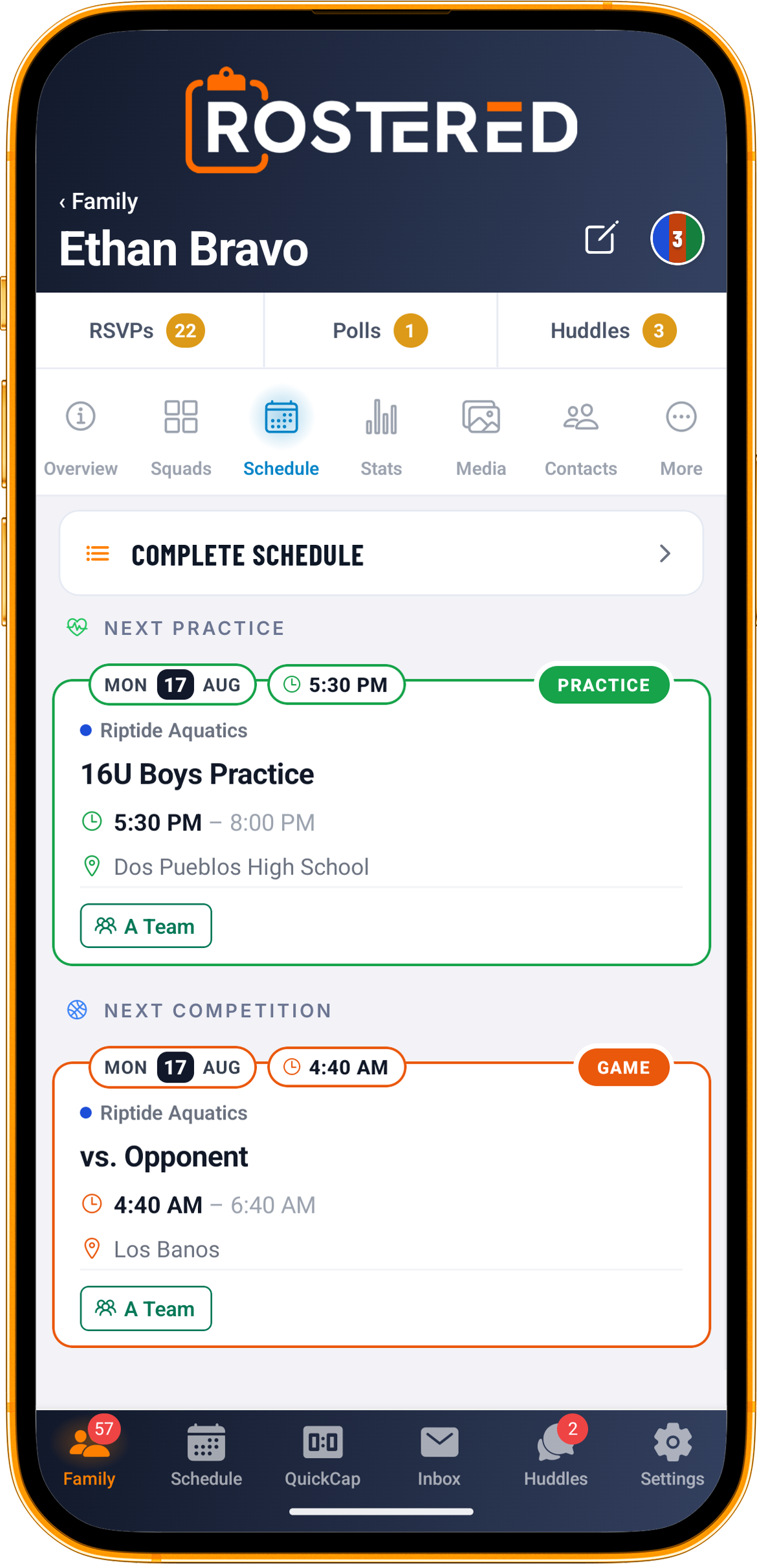 An athlete detail screen in the Rostered mobile app, showing the athlete's information and connected family.