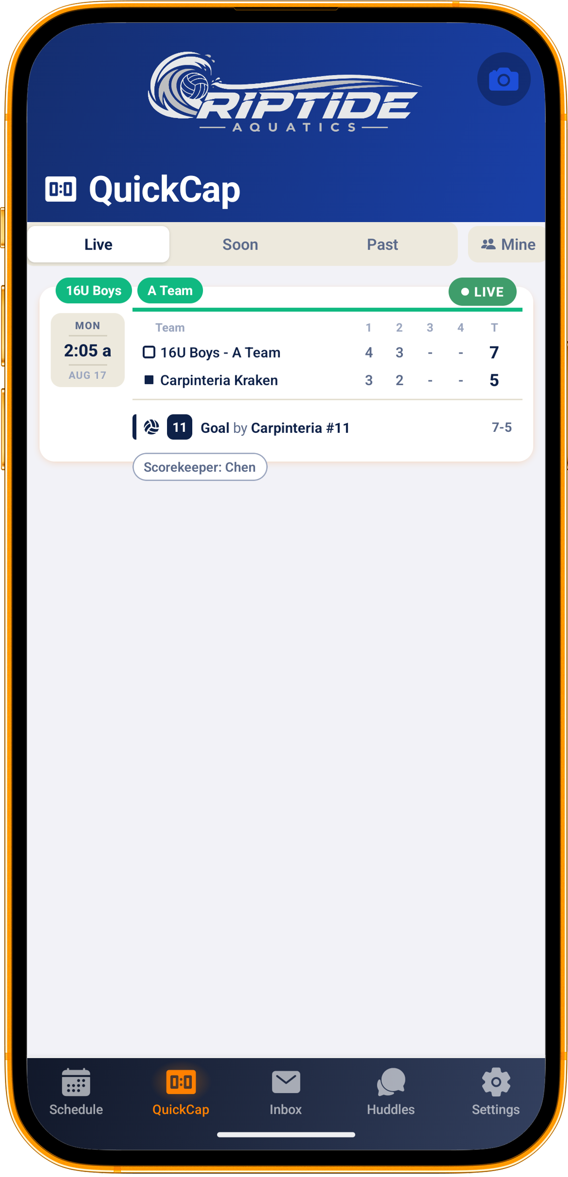 The QuickCap tab in the Rostered app showing live water polo games and scores